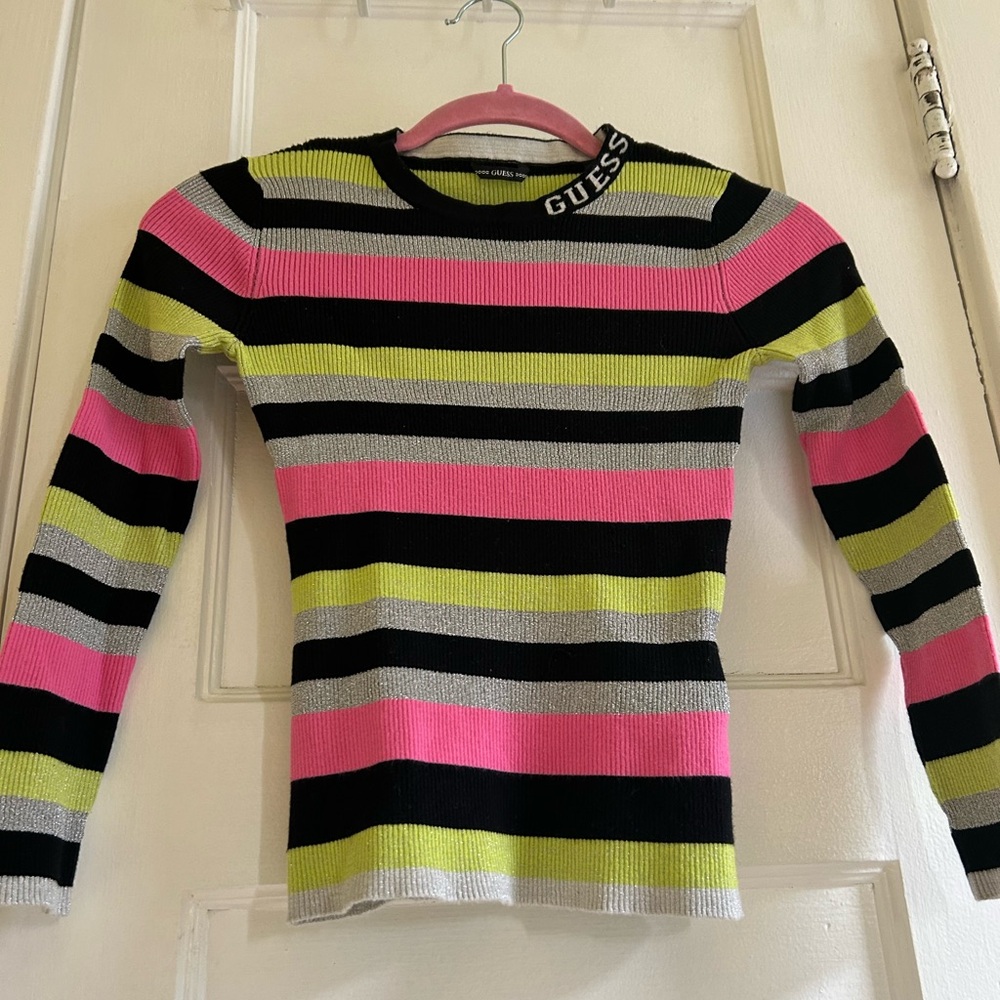 Y2K Guess Multicolor Striped Long Sleeve Stretch Ribbed Knit Top
